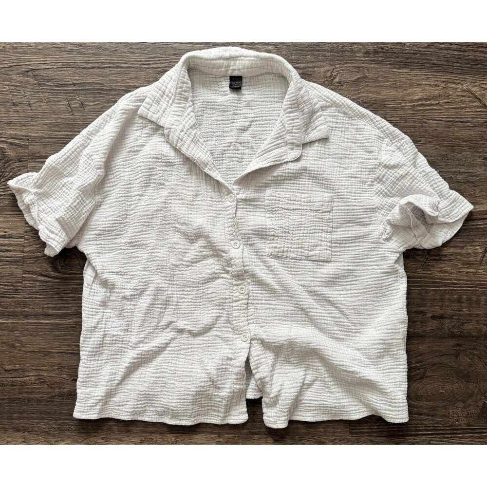 Shein Cotton Gauze Button Up Short Sleeve Shirt Blouse womens size L white